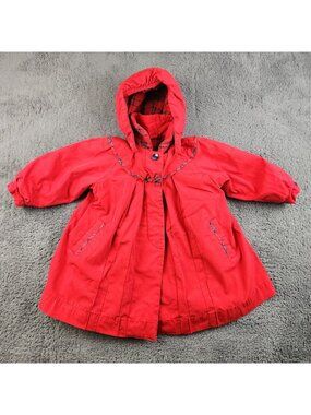 VTG Rothschild Pea Coat Girls 3T Red Blue Fur Lined Bow Pleated Hooded Holiday